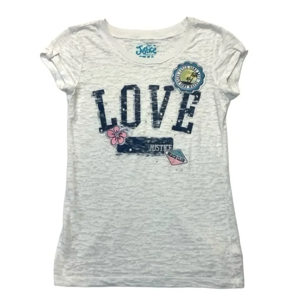 Justice Love Graphic T-shirt Girl’s Size 8 white burnout tee Y2K 90s